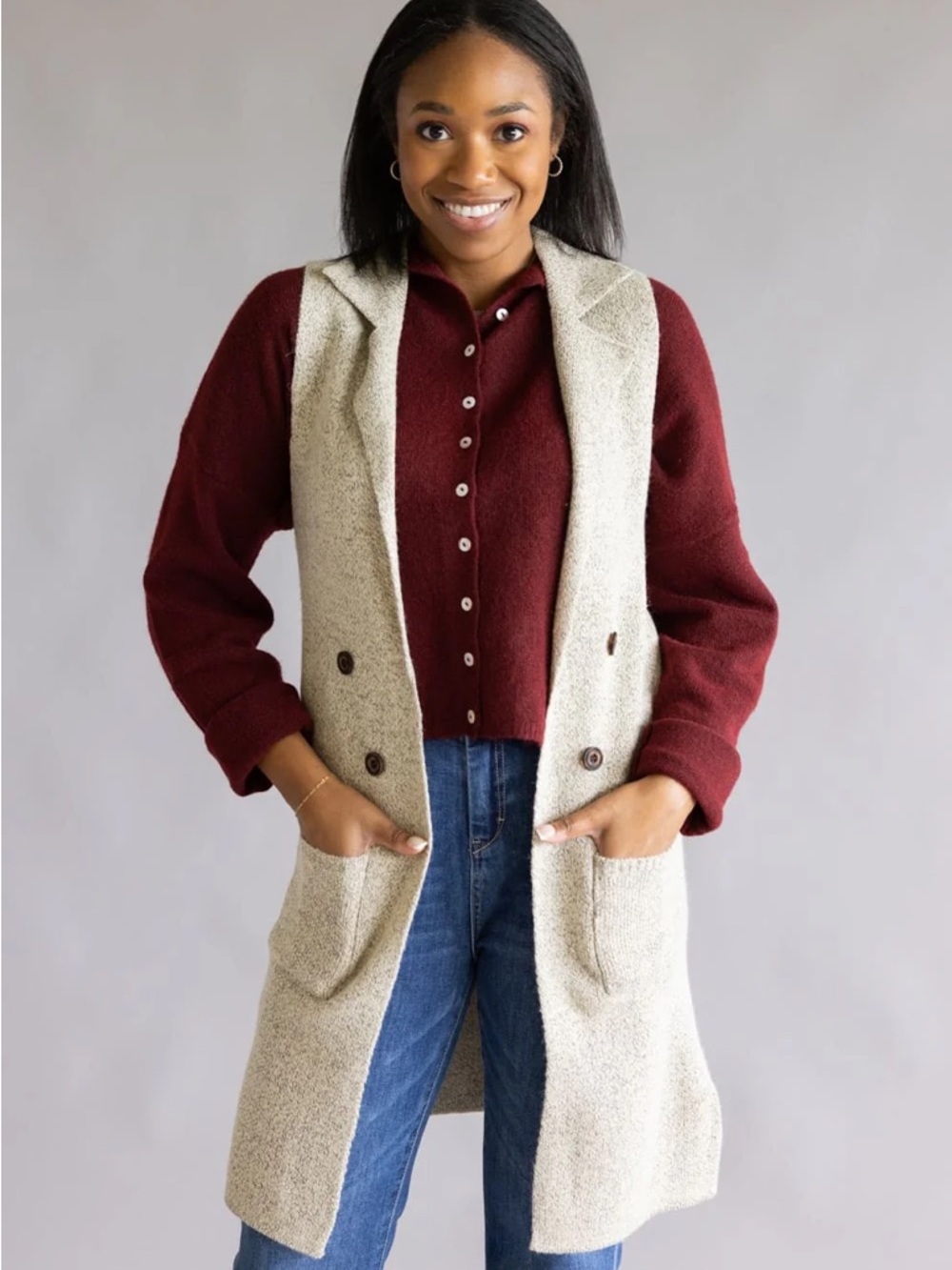Love Tree Long Sweater Vest with Patch Pockets